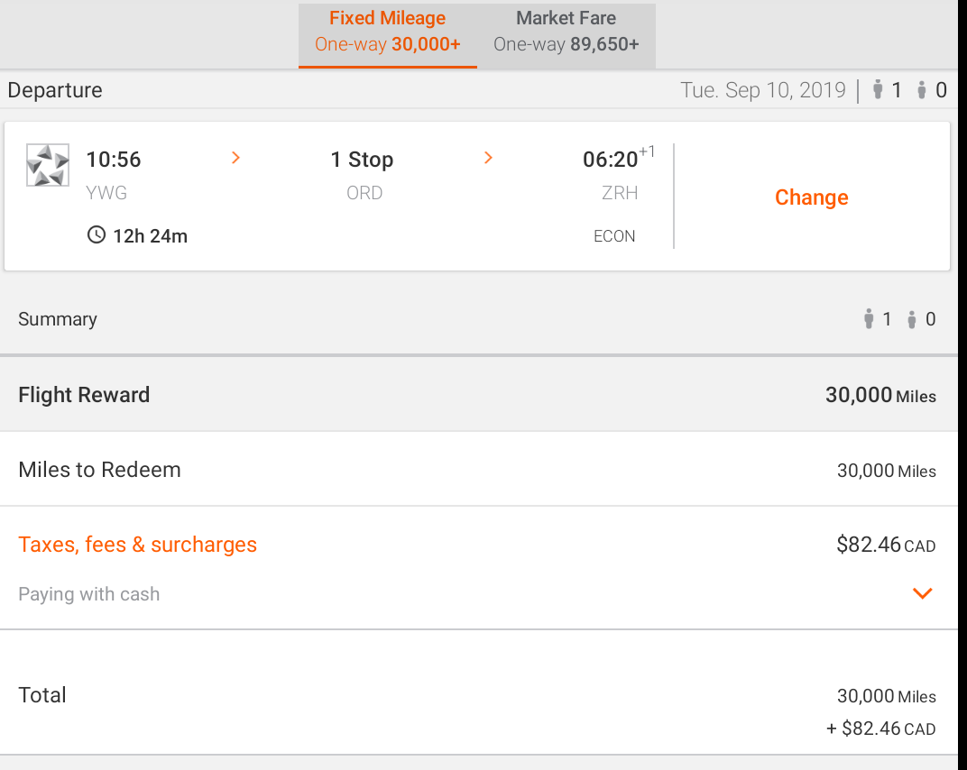 Winnipeg to Zurich, Switzerland using Aeroplan Miles