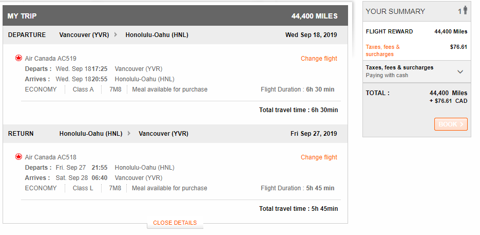 Booking a round trip from Vancouver to Hawaii in economy class with Aeroplan