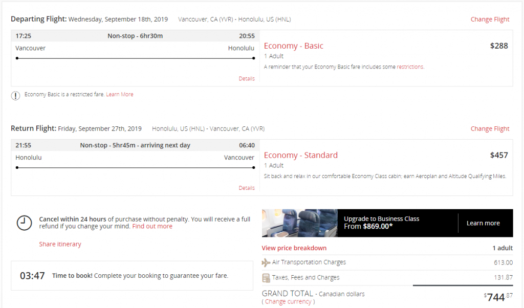 Booking a round trip from Vancouver to Hawaii in economy class in cash with Air Canada