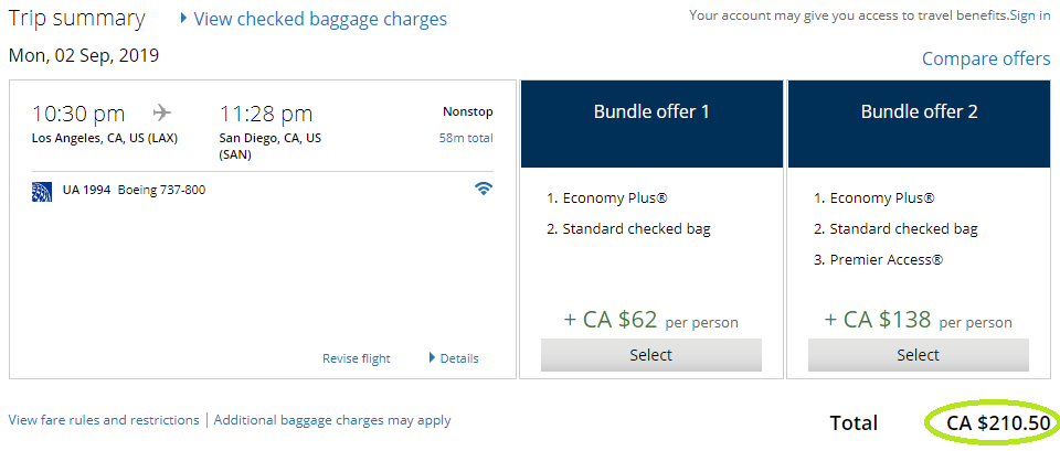 Booking part of a round-trip ticket from Vancouver to Los Angeles in economy class, in cash with United Airlines