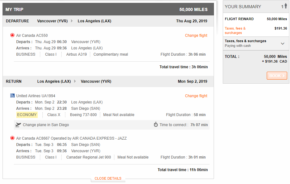Booking a round trip from Vancouver to Los Angeles in business class with Aeroplan