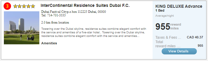 An example of a hotel booking with miles in the AIR MILES site. Picture features the InterContinental Residence Suites Dubai