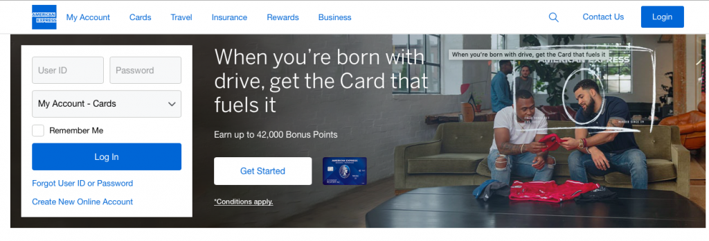 Amex login page