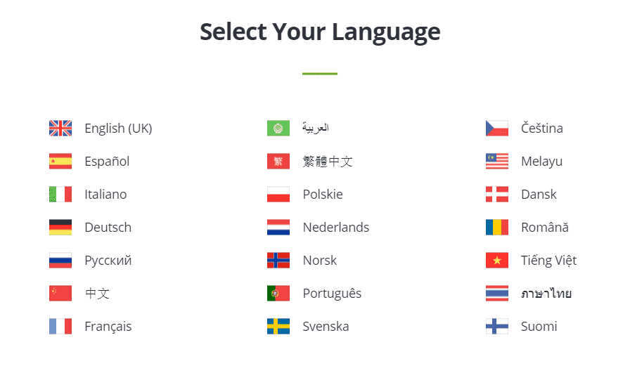 languages available in eToro
