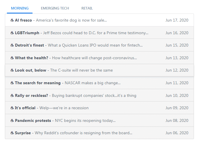 Morning Brew: list of topics by day