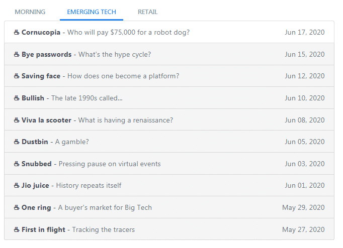 Emerging Tech Brew: list of topics by day