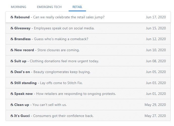 Retail Brew: list of topics by day