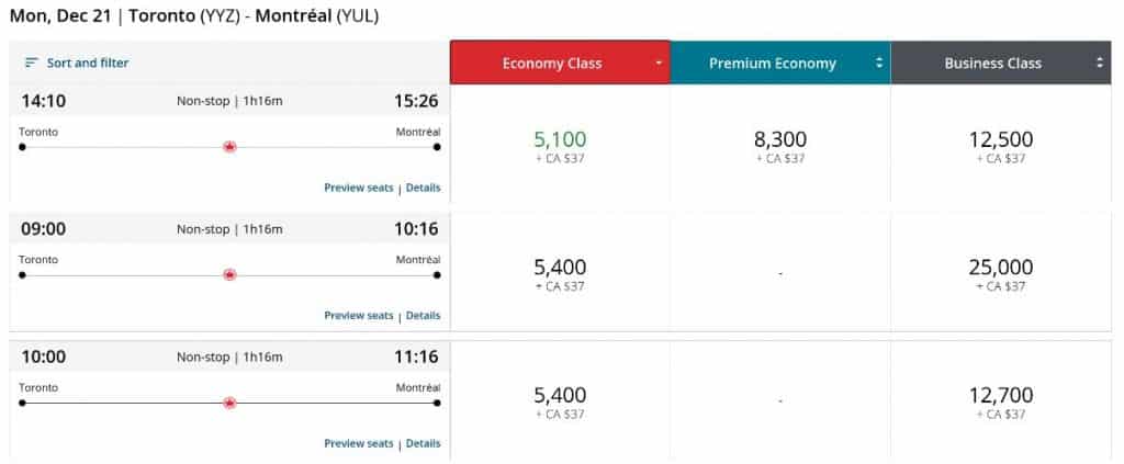 Aeroplan Toronto Montreal