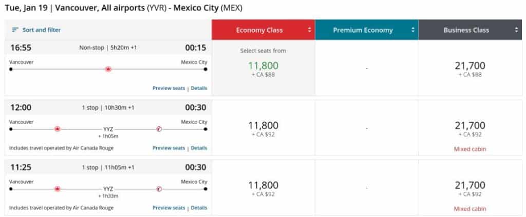Aeroplan Vancouver Mexico City