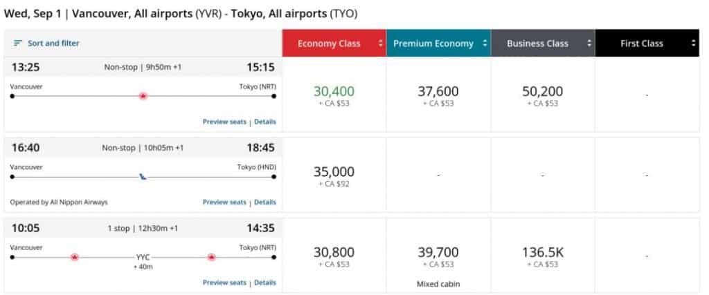 Aeroplan Vancouver Tokyo