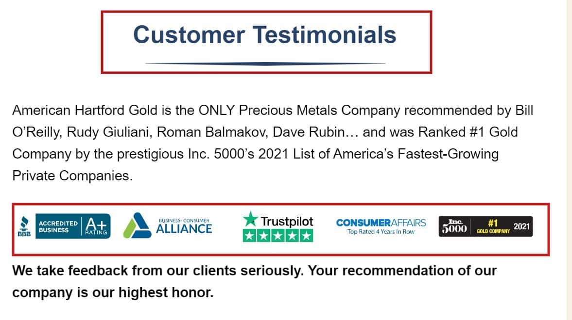 American Hartford Gold Review testimonials