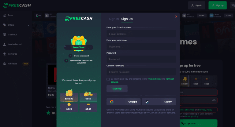 Freecash Referral Code  $250 Bonus