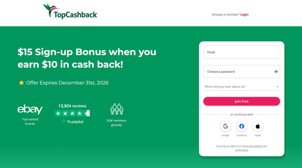 TopCashback sign-up page showing a $15 sign-up bonus when you earn $10 in cash back